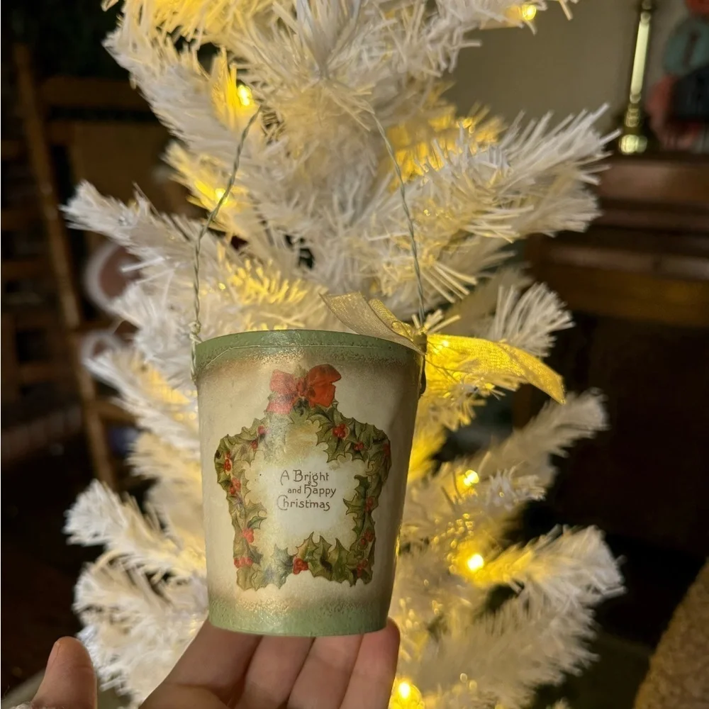 Vintage 1994 Gold Glitter Peacock Bird & Wreath Bucket Ornament - Holiday Decor